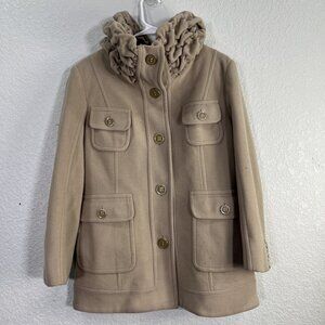Perry Ellis Wool Pea Coat Womens Size 6 Camel High Collar Pockets Winter Outwear
